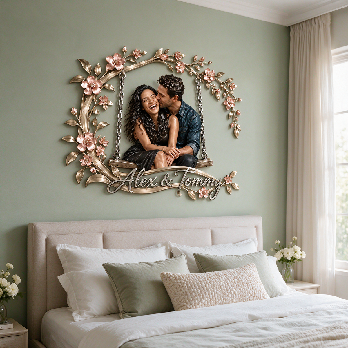 Personalized Custom Photo Floral Swing 3D Metal Wall Art - Gift for Couples