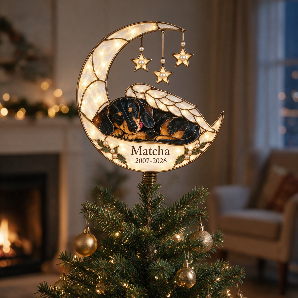 Personalized Dog Memorial Crescent Moon Christmas Tree Topper