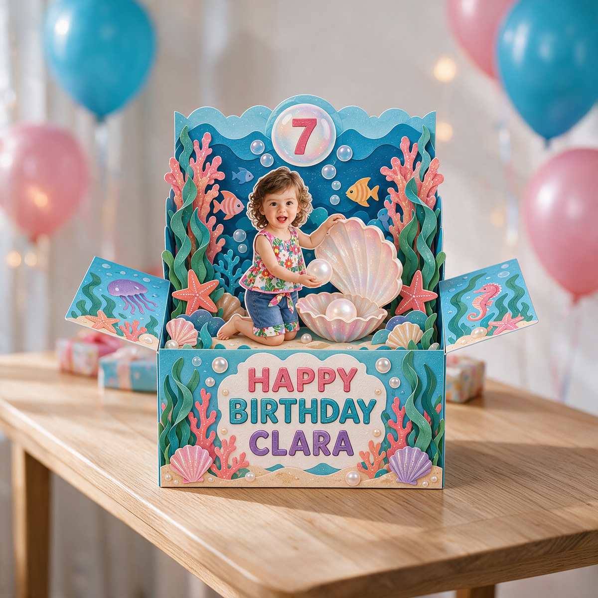 Personalized Undersea Pop-Up Box Card - Shell and Pearl Birthday Gift with Custom Photo, Name and Age