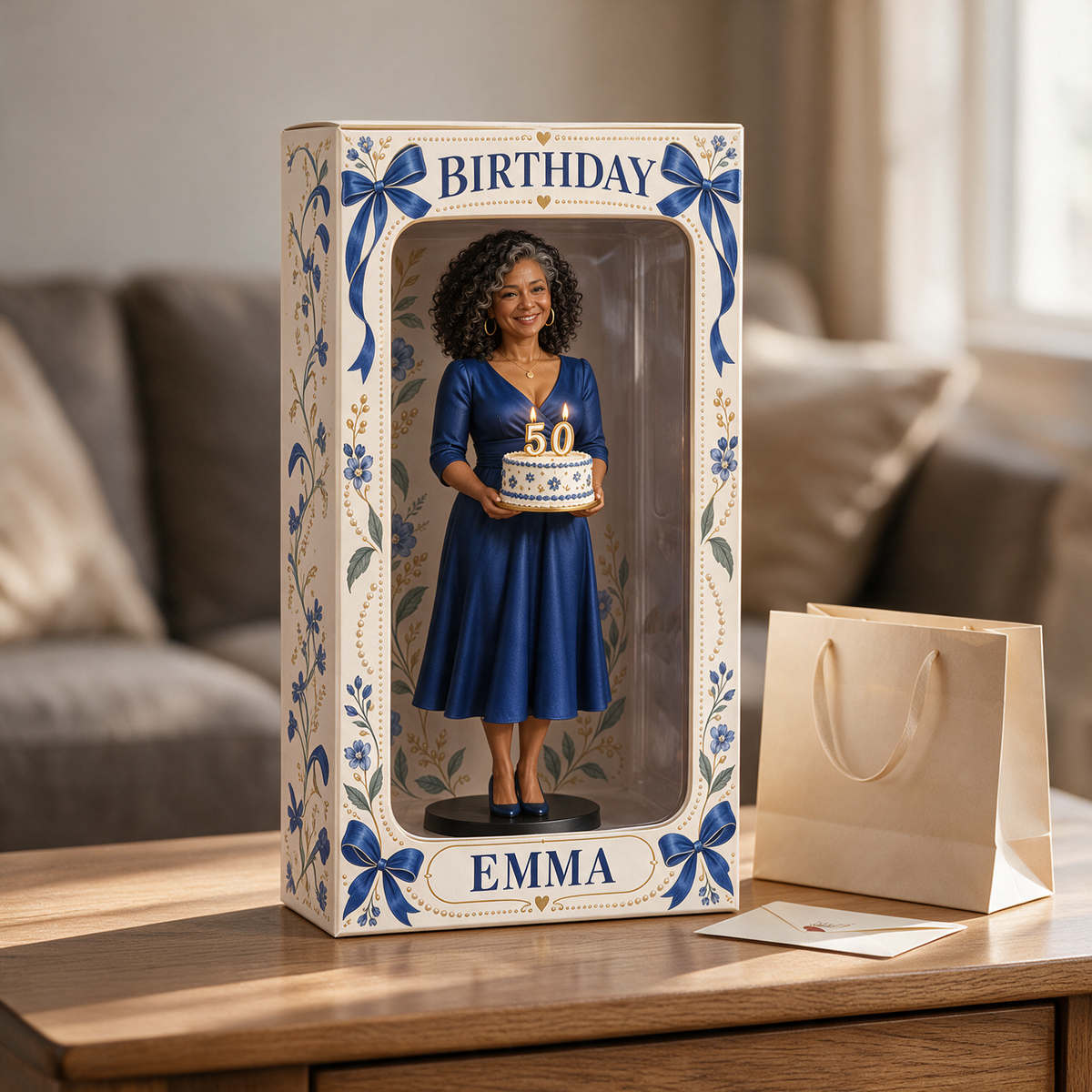 Personalized Custom Photo Blue Ribbon Figurine Display Box - 50th Birthday Gift for Women