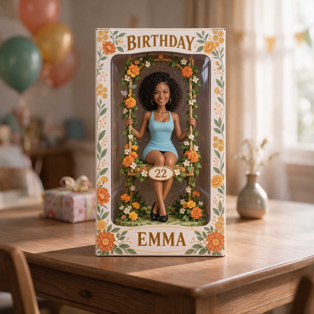 Personalized Floral Swing Display Box - Birthday Portrait Figurine with Name and Age