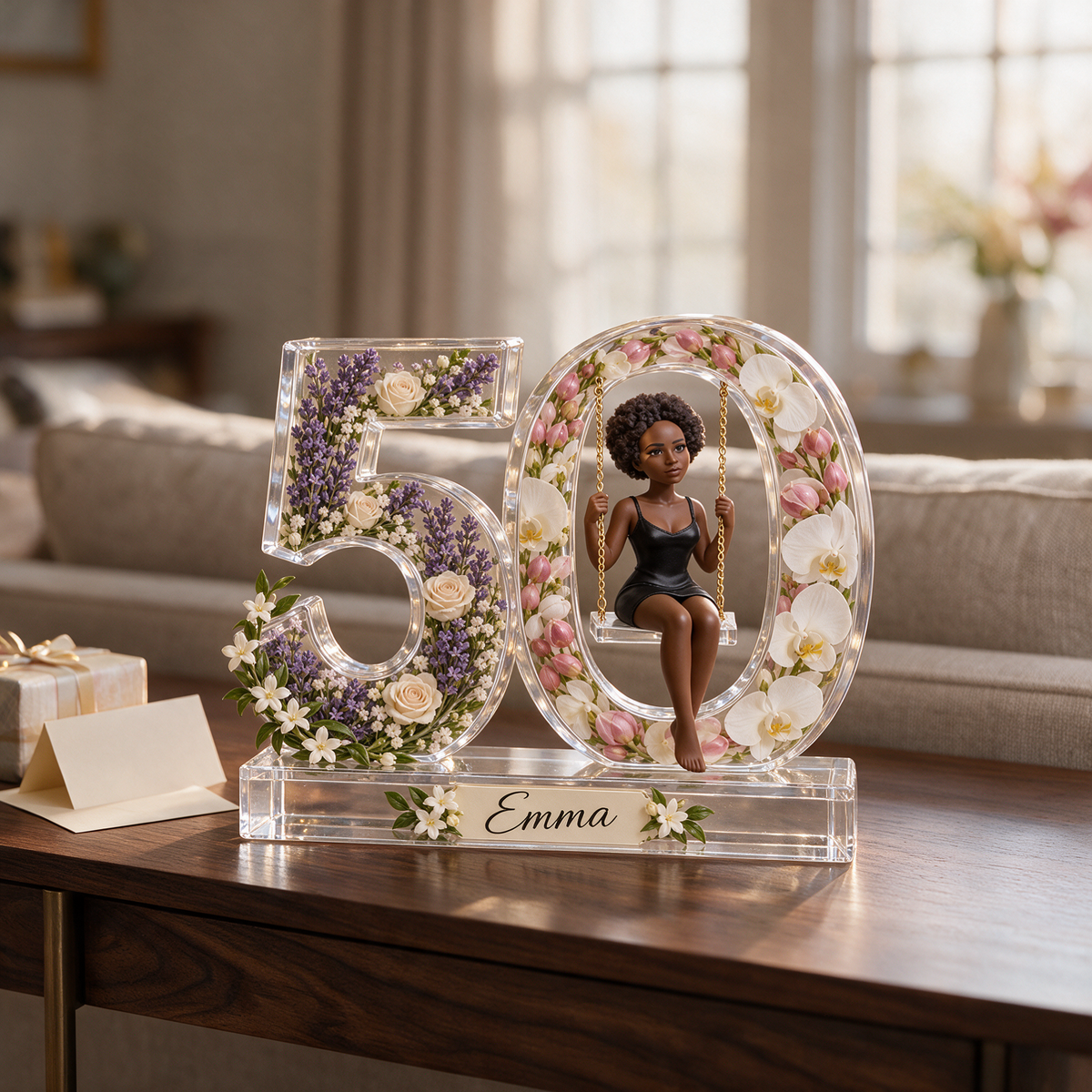 Personalized Custom Photo Floral Swing Acrylic Number Figurine Display - 50th Birthday Gift for Women