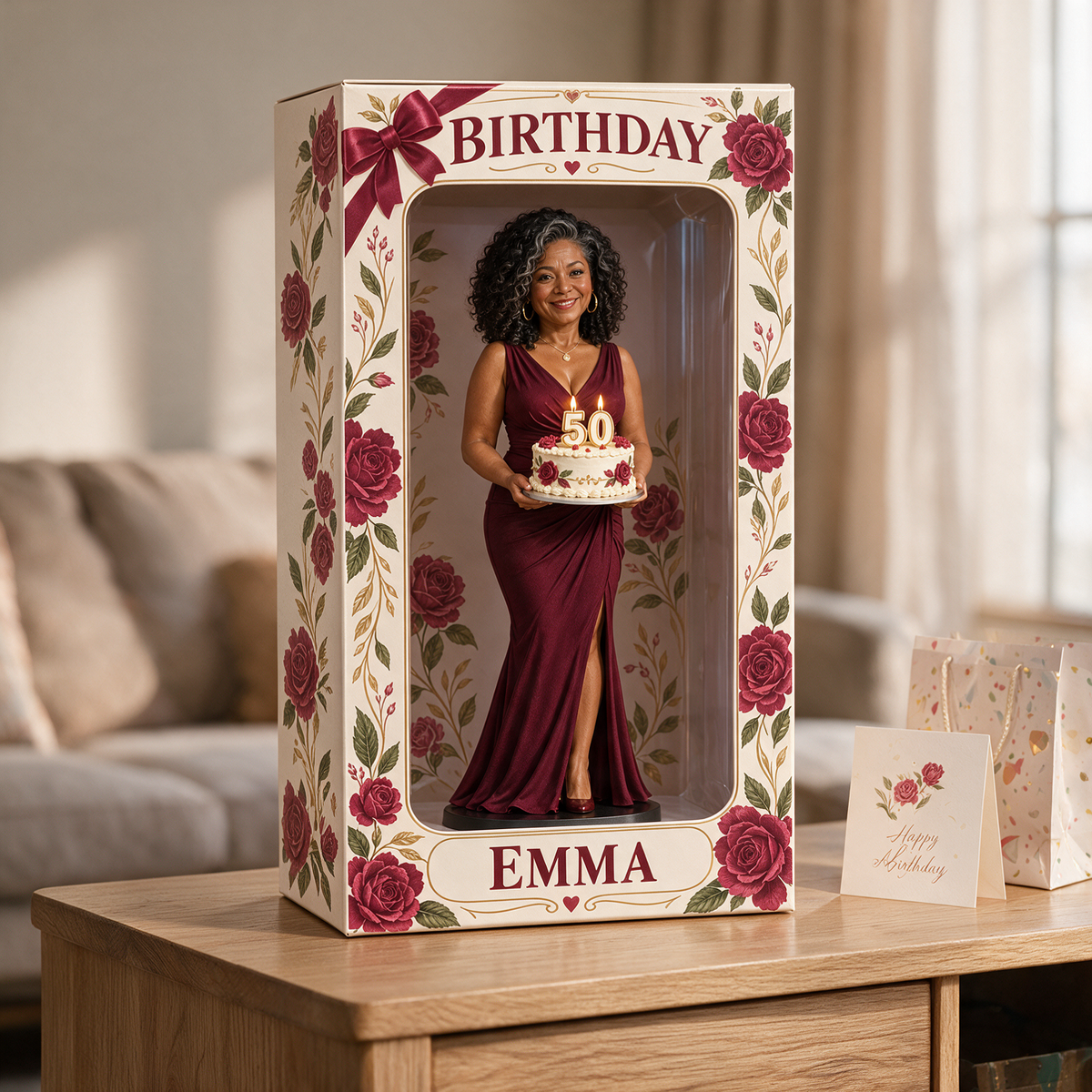 Personalized Custom Photo Red Rose Figurine Display Box - 50th Birthday Gift for Women