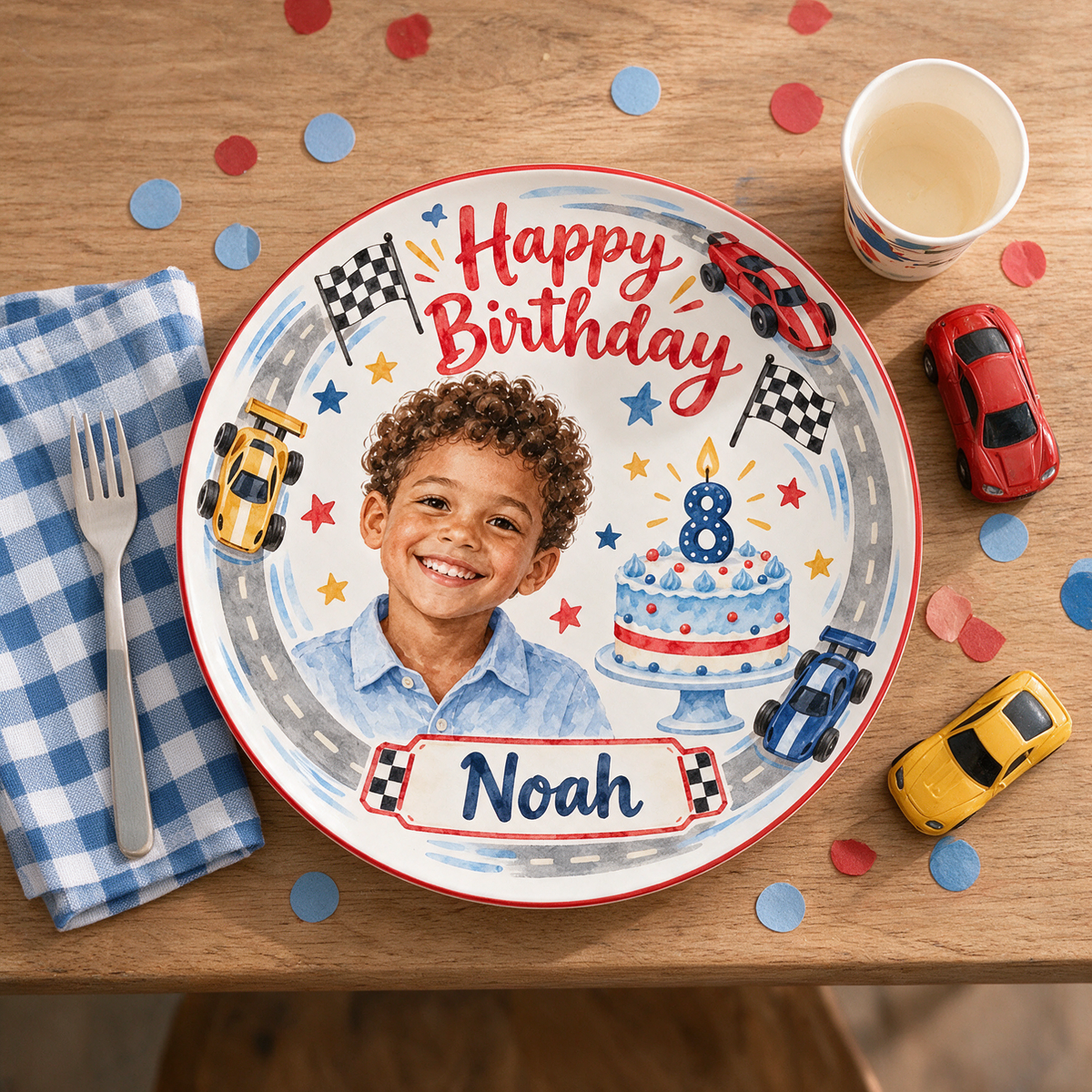 Personalized Race Car Ceramic Plate - Birthday Watercolor Portrait, Custom Name and Age