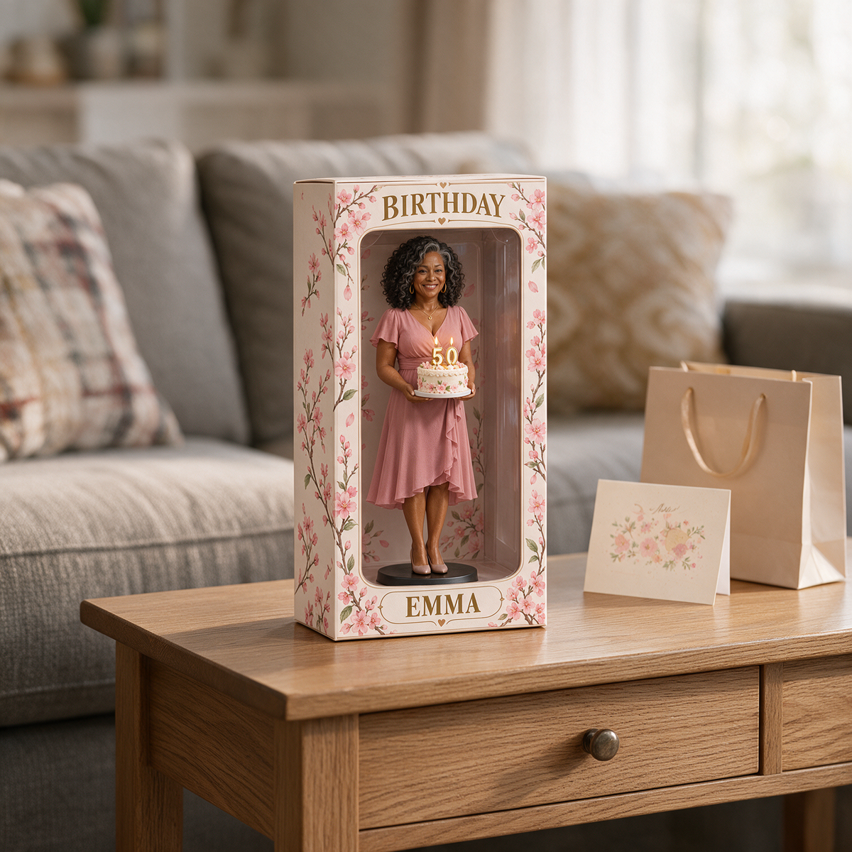 Personalized Custom Photo Cherry Blossom Figurine Display Box - 50th Birthday Gift for Women