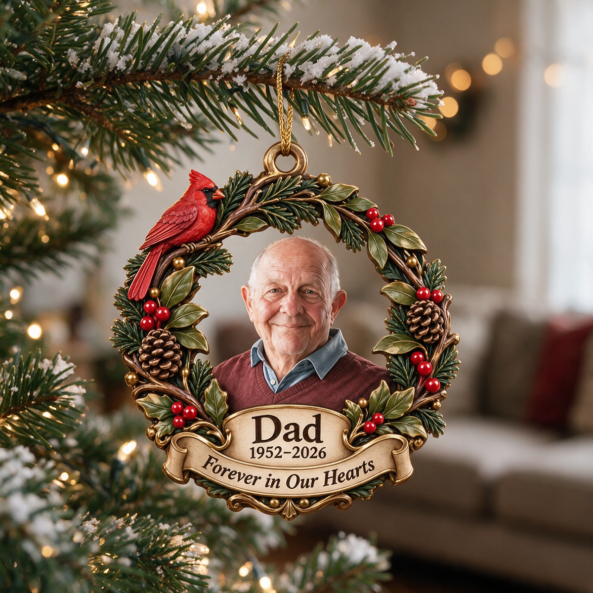 Personalized Custom Photo Dad Memorial Cardinal Wreath 3D Ornament - Christmas Remembrance Keepsake