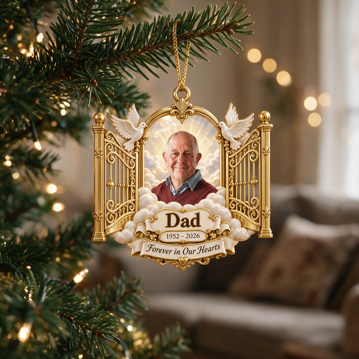 Personalized Custom Photo Dad Memorial Heaven's Gates 3D Ornament - Christmas Remembrance Keepsake
