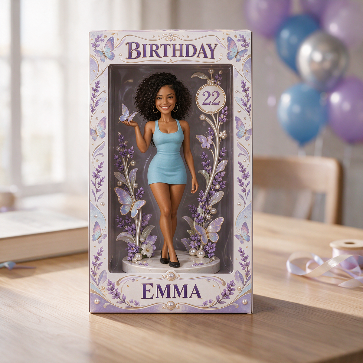 Personalized Birthday Display Box - Portrait Figurine with Lavender Butterfly, Name and Age