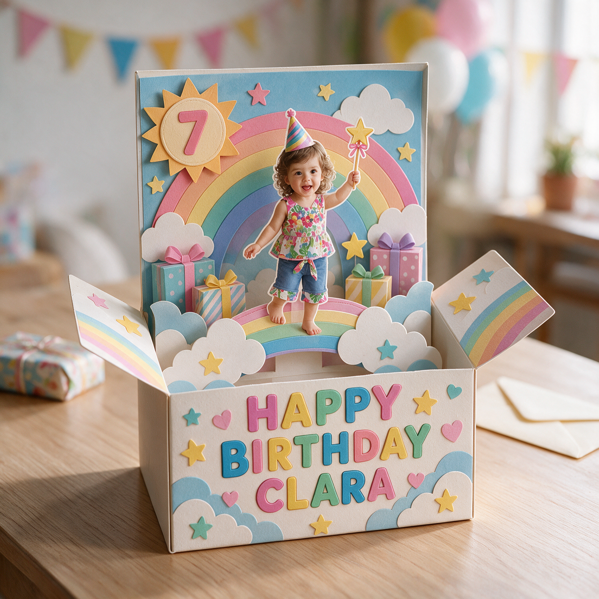 Personalized Birthday Rainbow Pop-Up Box Card with Custom Photo, Name and Age