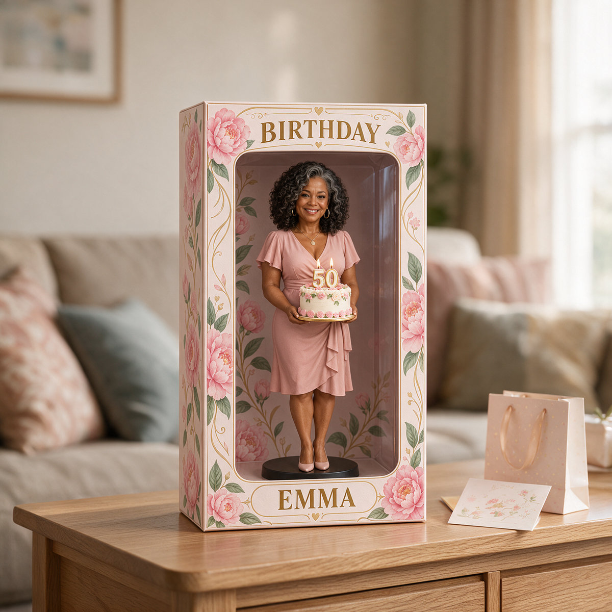 Personalized Custom Photo Pink Peony Figurine Display Box - 50th Birthday Gift for Women