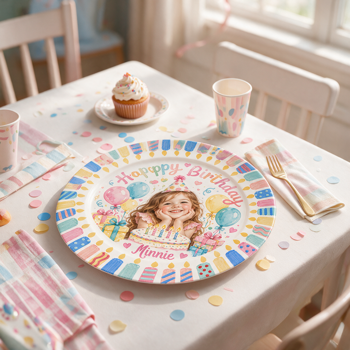 Personalized Birthday Ceramic Round Plate - Watercolor Portrait Gift