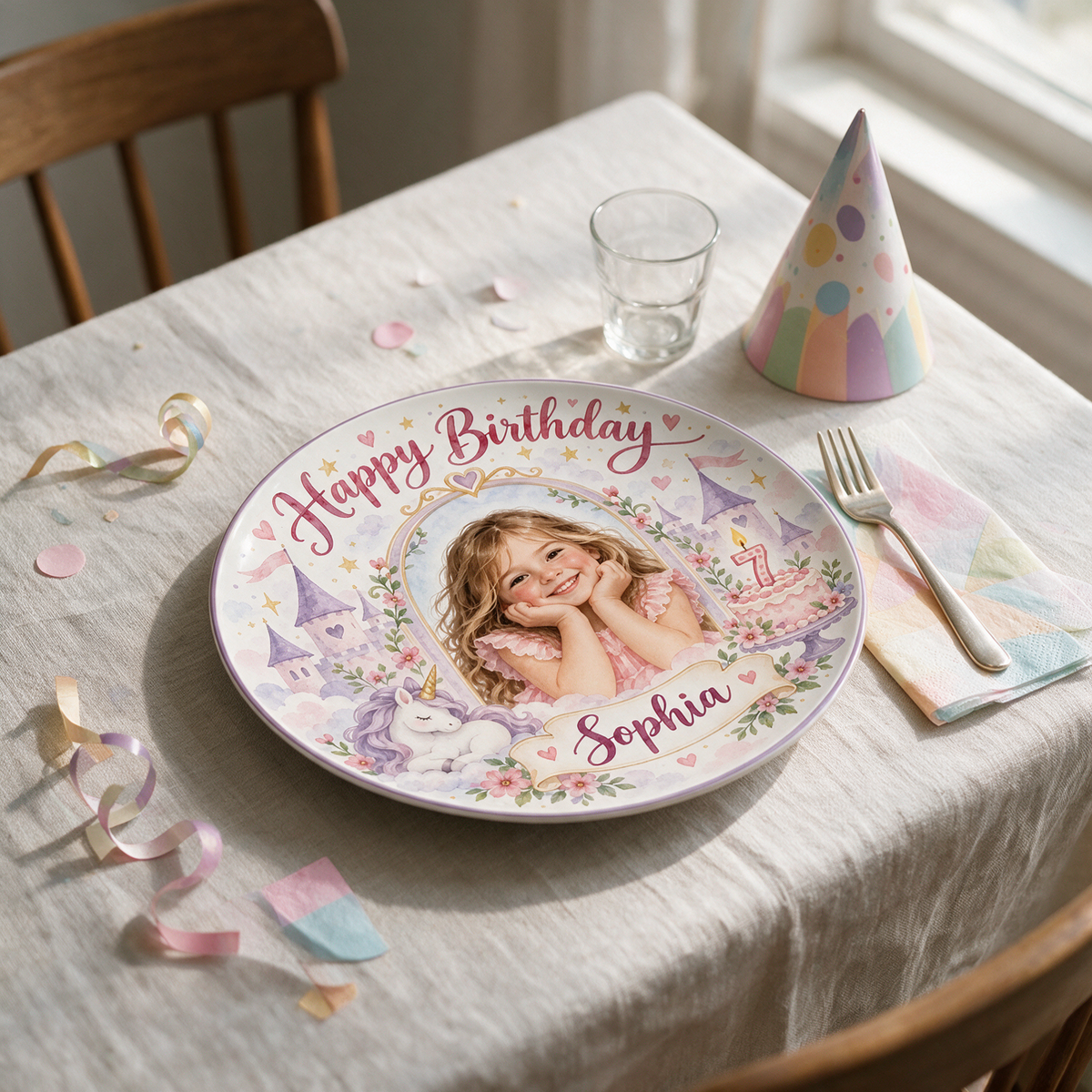 Personalized Unicorn Ceramic Round Plate - Princess Birthday Portrait, Custom Name and Age