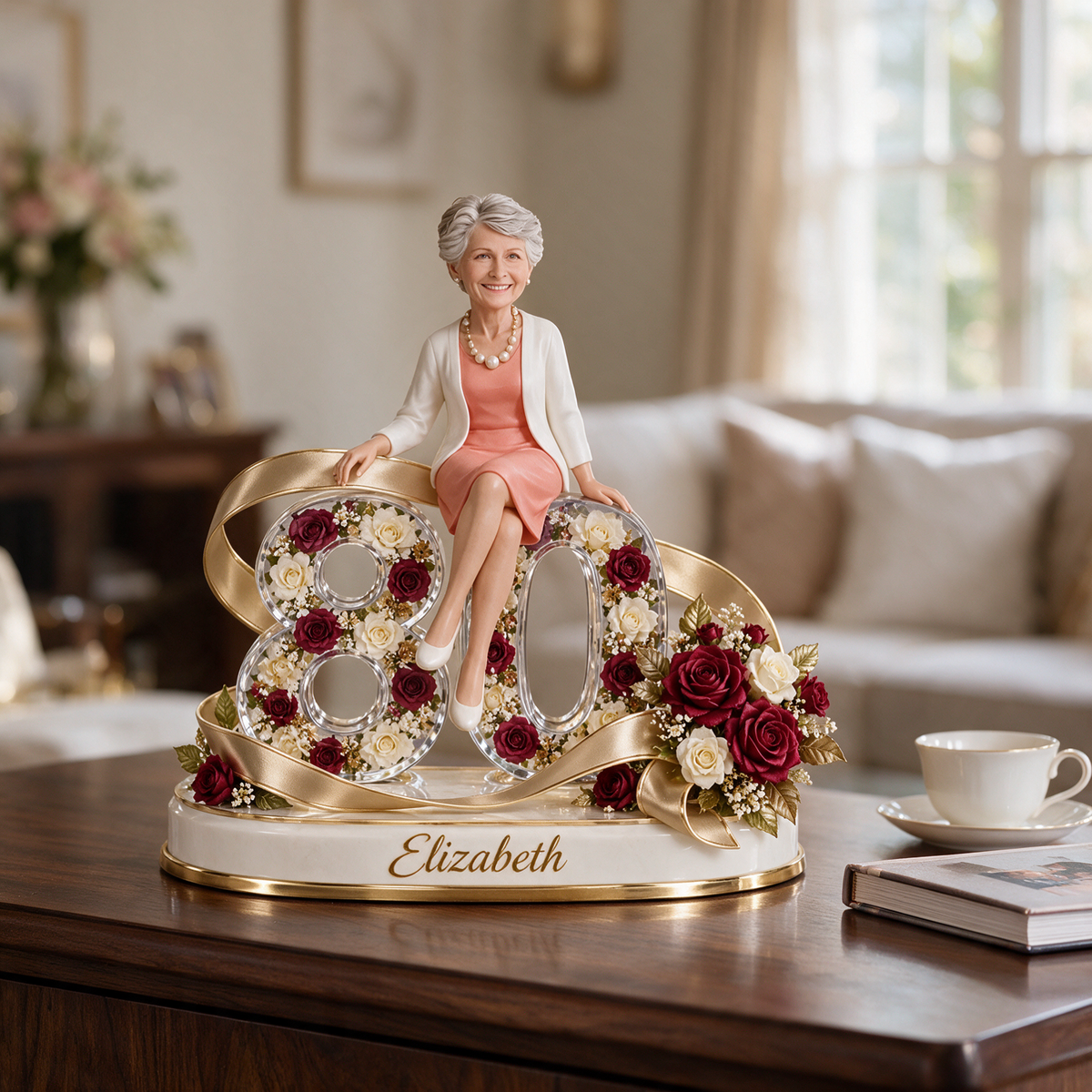 Personalized Birthday Figurine - Custom Portrait, Rose and Ribbon Keepsake Gift