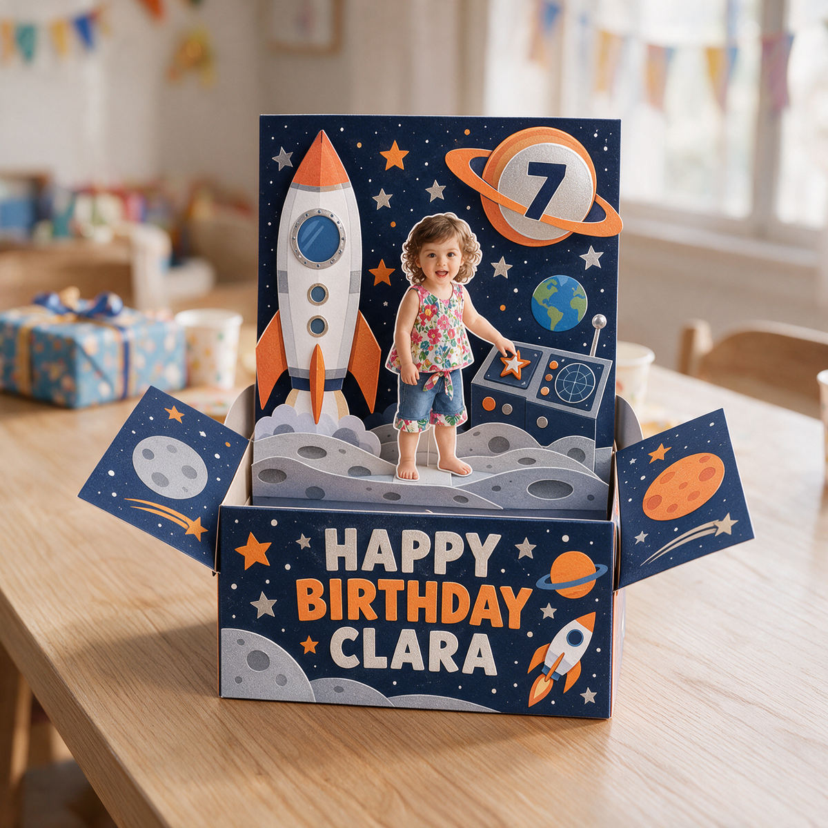 Personalized Space Rocket Pop-Up Box Card - Birthday Gift with Custom Photo, Name and Age