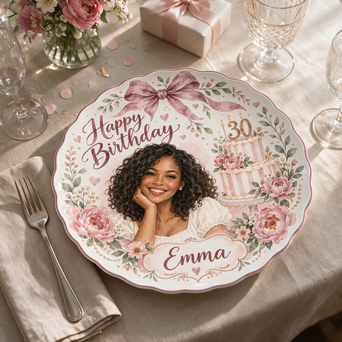 Personalized Birthday Ceramic Round Plate - Scalloped Floral Watercolor Portrait Gift