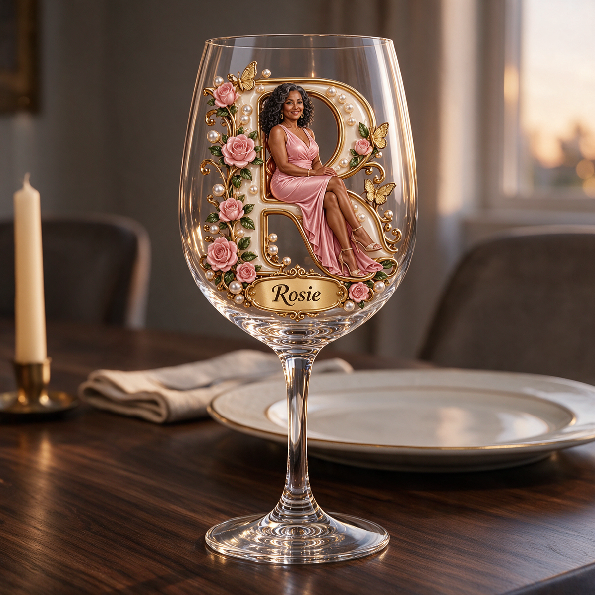 Personalized Custom Photo Rose and Butterfly Wine Glass - Gift for Older Women