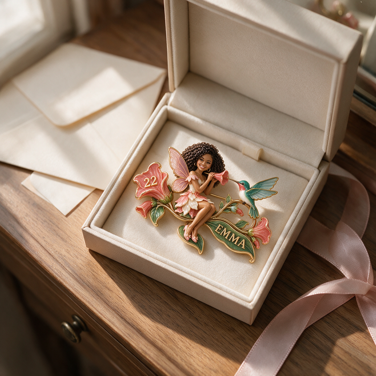 Personalized Flower Fairy Brooch - Birthday Gift with Custom Photo, Name and Age, Hummingbird and Trumpet Flowers