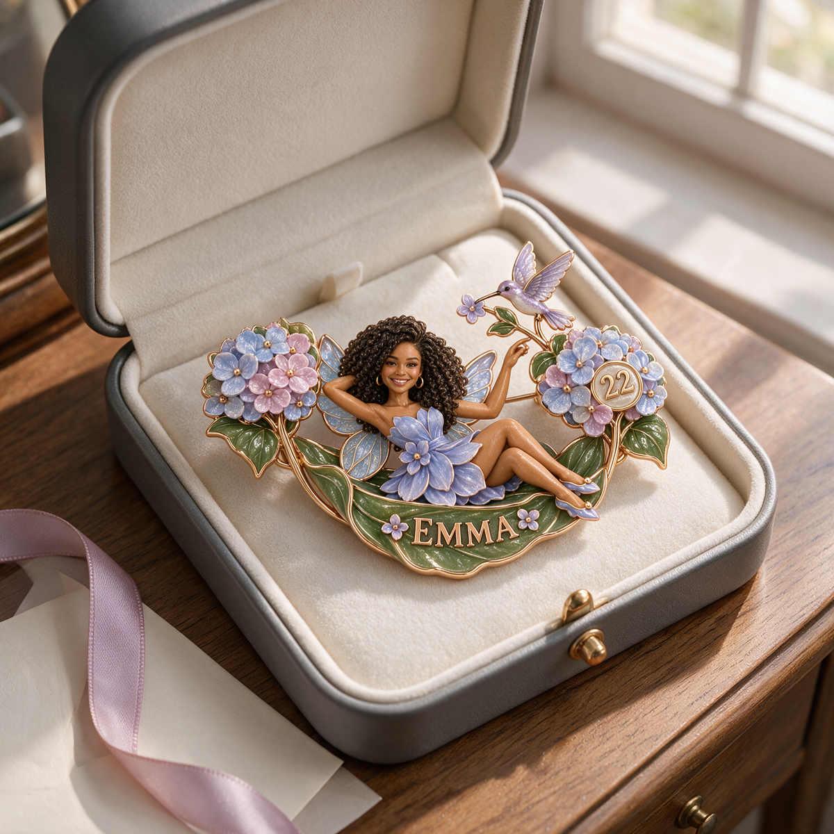 Personalized Hydrangea Hammock Dream Fairy Brooch - Birthday Gift with Custom Photo, Name and Age