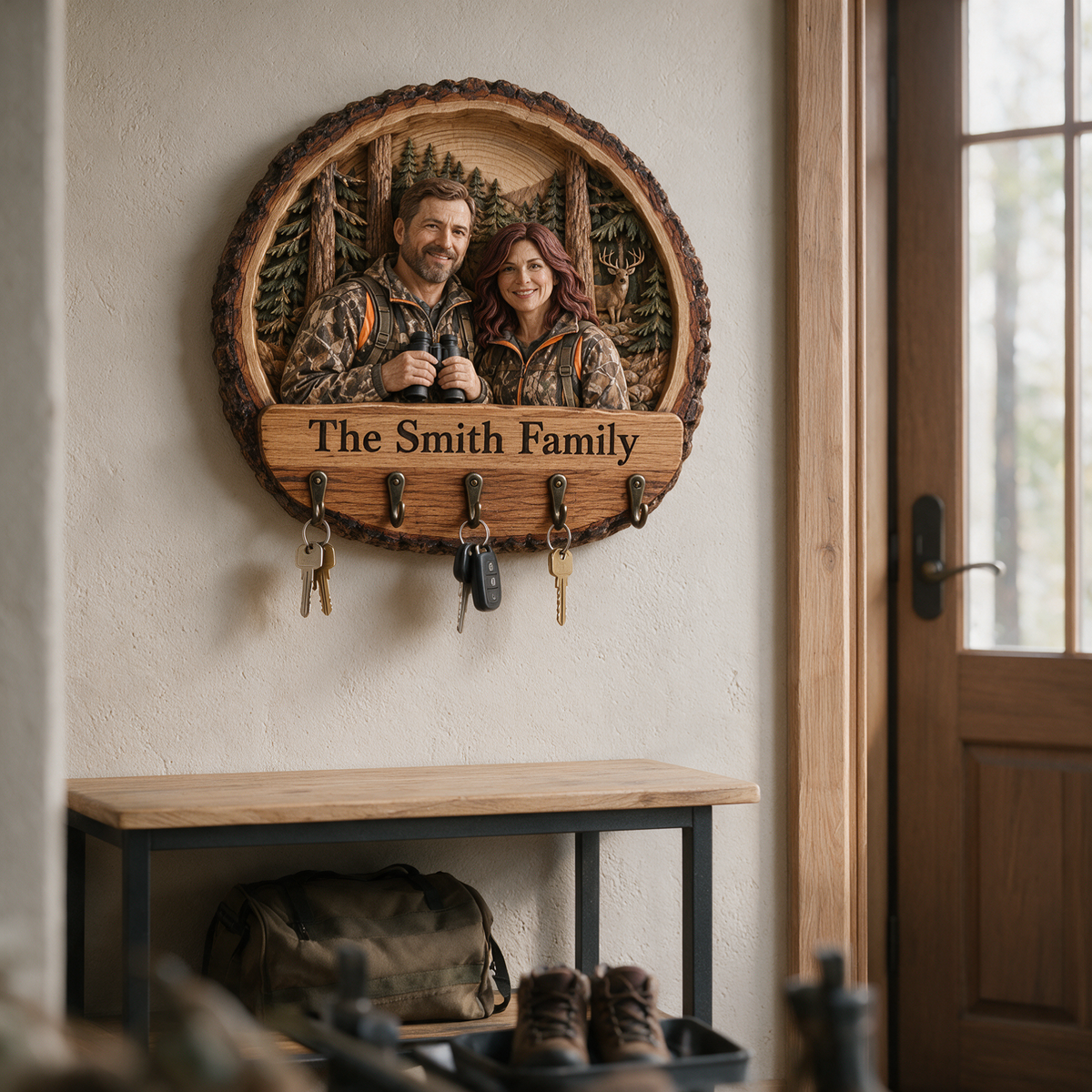 Personalized Hunting Key Rack - Woodland Couple with 5 Hooks