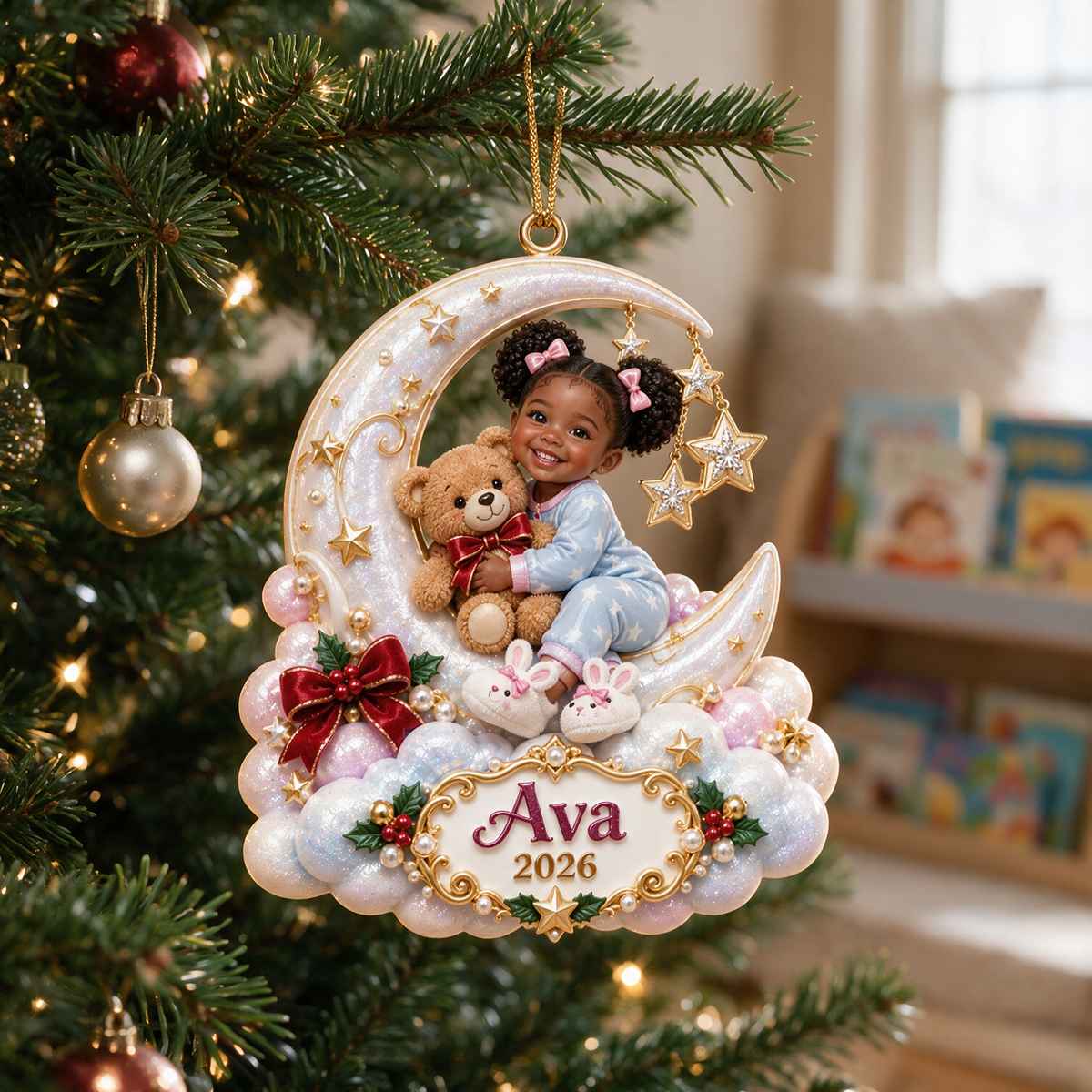 Personalized Custom Photo Crescent Moon and Teddy Bear 3D Ornament - 2026 Christmas Gift for Little Girls