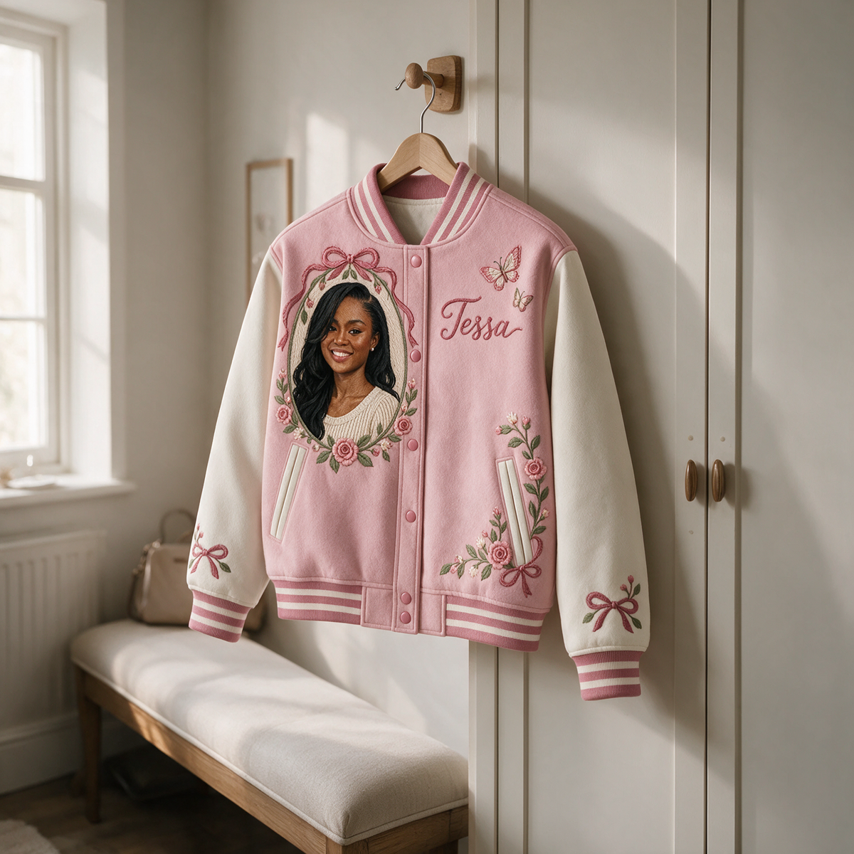 Personalized Rose Bow Varsity Jacket - Women's Embroidered Portrait and Name