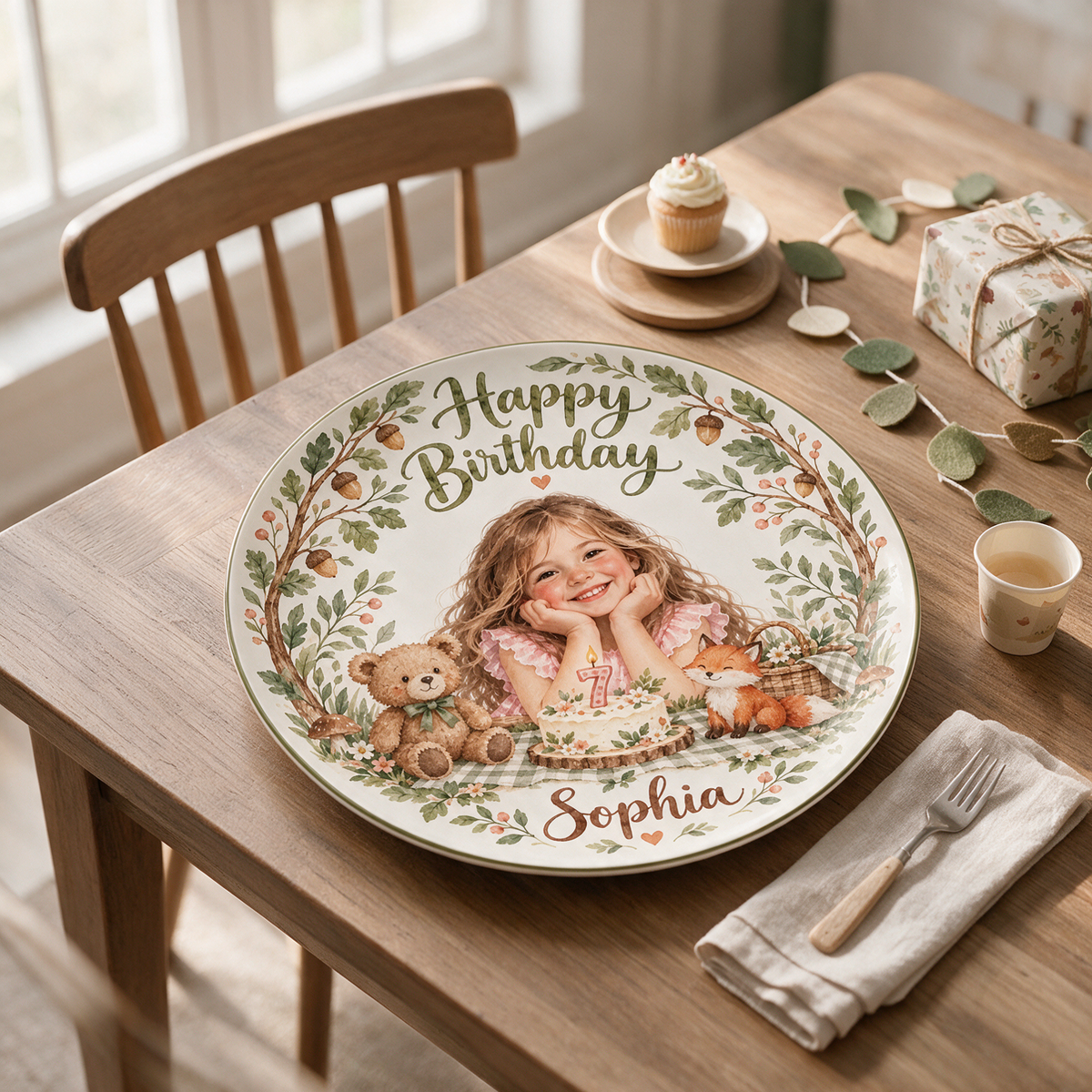 Personalized Birthday Ceramic Round Plate - Woodland Watercolor Portrait Gift