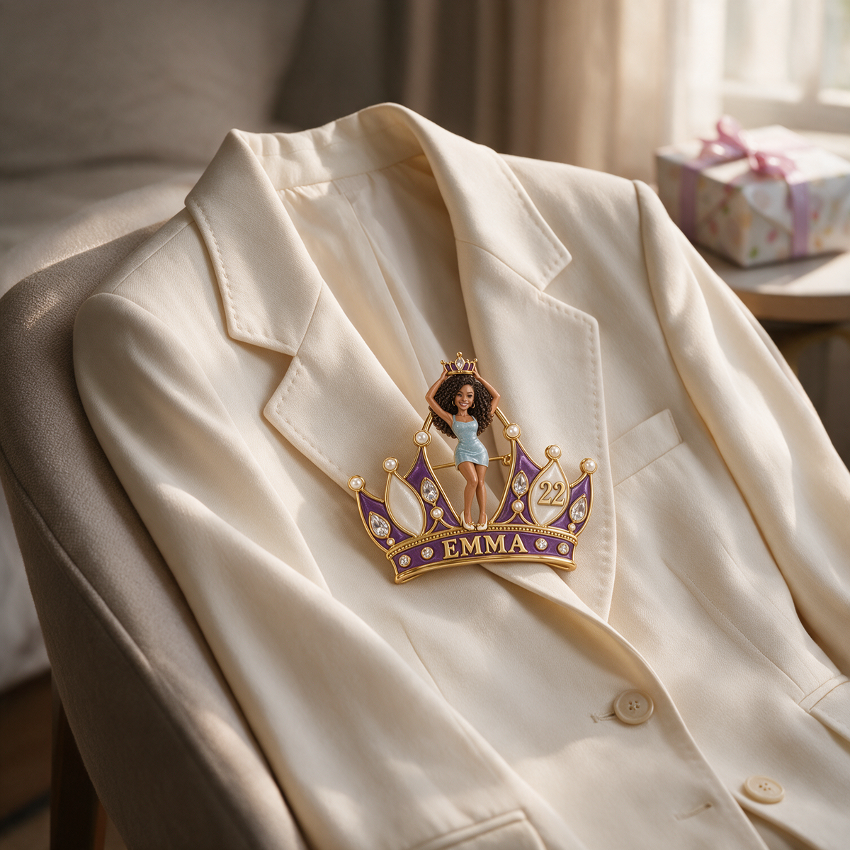 Personalized Birthday Crown Brooch - Sculpted Portrait, Name and Age