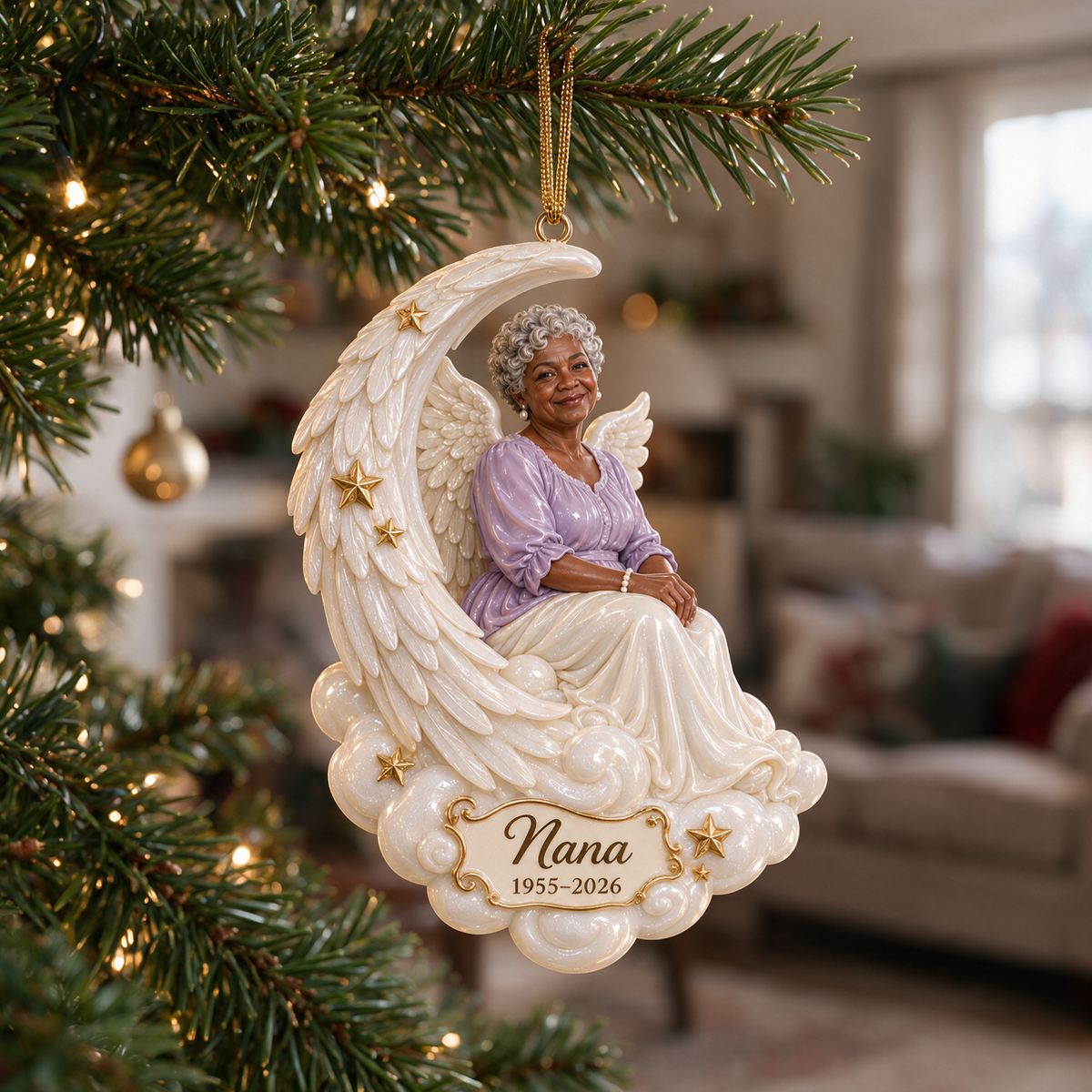 Personalized Custom Photo Crescent Moon Angel Memorial 3D Christmas Ornament - Grandmother Remembrance Keepsake