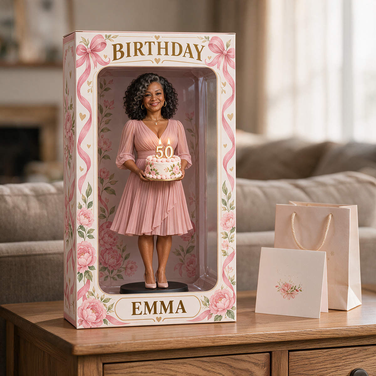 Personalized Custom Photo Pink Ribbon Figurine Display Box - 50th Birthday Gift for Women