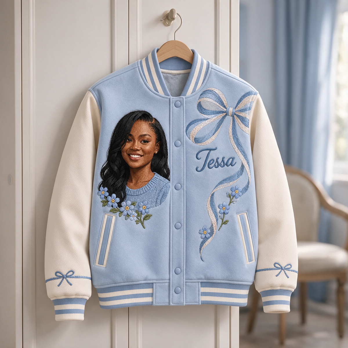 Personalized Blue Bow Varsity Jacket - Women's Birthday Gift with Portrait and Name