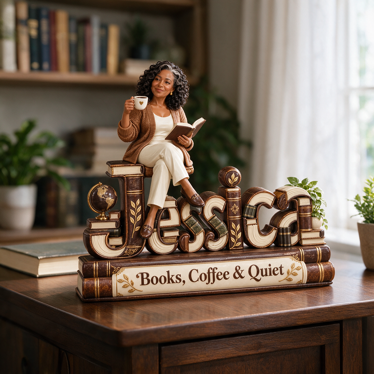 Personalized Custom Photo Book and Coffee Lover 3D Name Figurine - Gift for Older Women