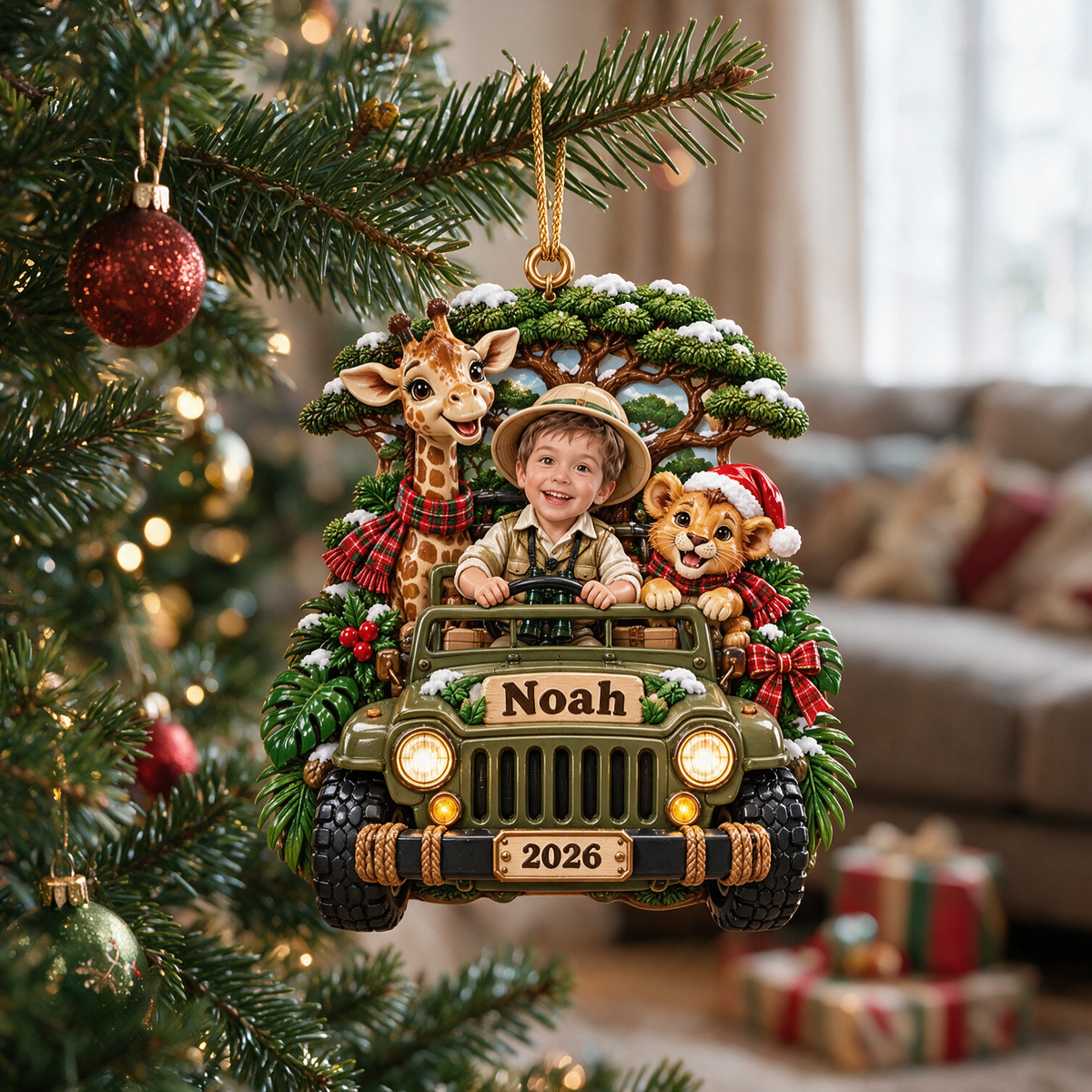 Personalized Custom Photo Safari 3D Ornament - 2026 Christmas Gift for Boys