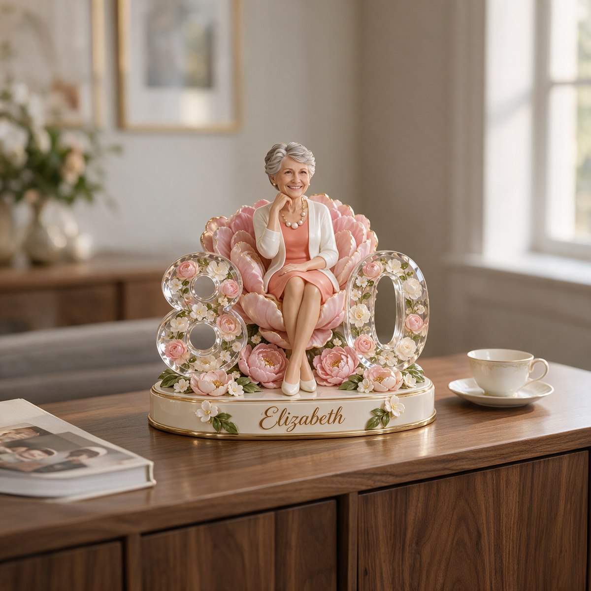 Personalized Birthday Figurine - Custom Portrait, Peony Keepsake Gift