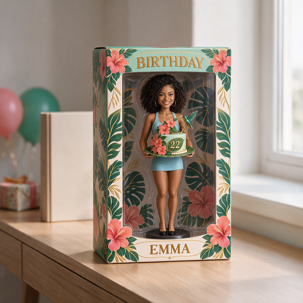 Personalized Birthday Display Box - Portrait Figurine with Butterfly Cake, Name and Age