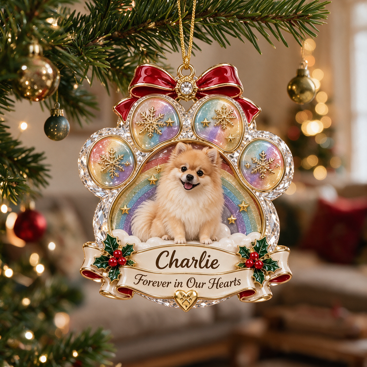 Personalized Custom Photo Pomeranian Memorial 3D Rainbow Paw Ornament - Christmas Dog Lover Gift