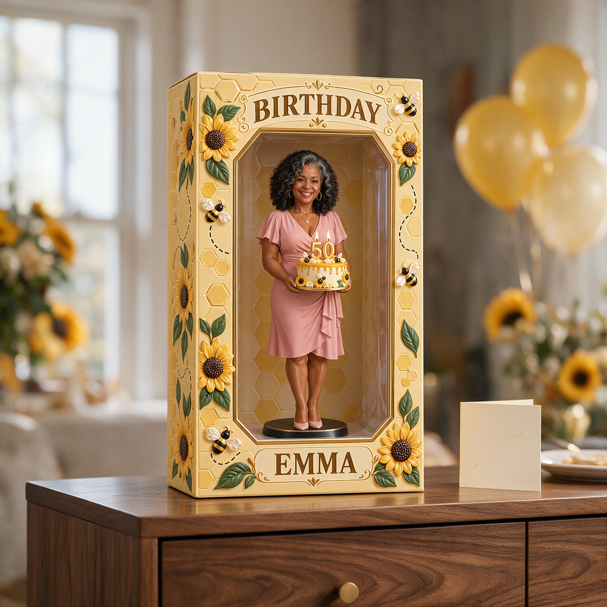 Personalized Custom Photo Sunflower Bee Figurine in Acrylic Display Box - 50th Birthday Gift for Women