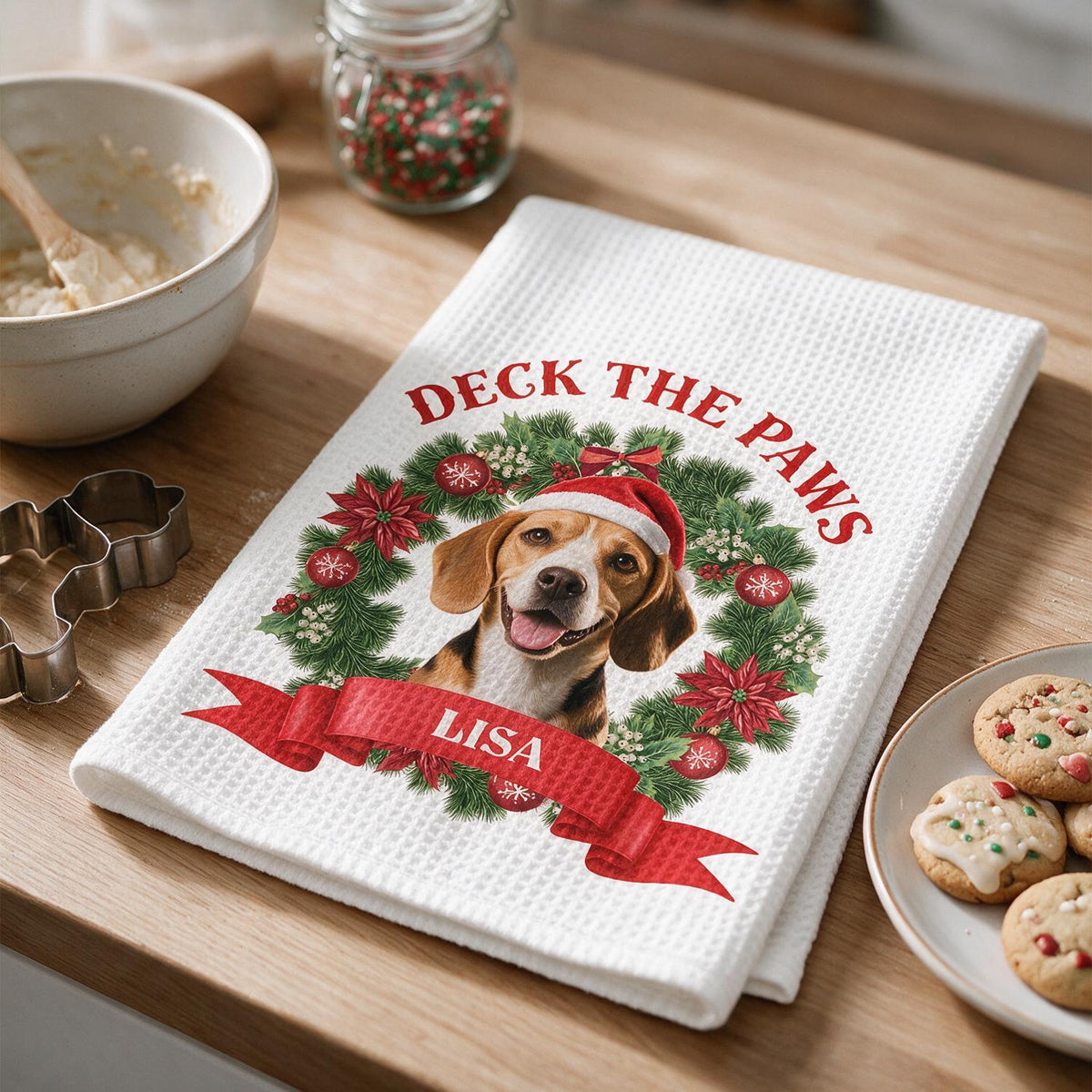 Personalized Christmas Beagle Kitchen Towel - Deck The Paws Dog Mom Holiday Gift
