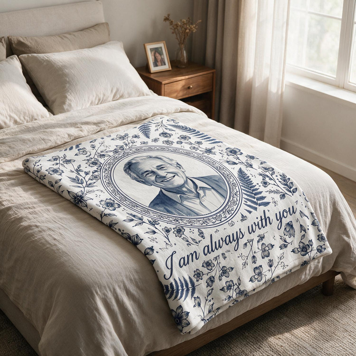 Custom Photo Memorial Toile Blue Watercolor Portrait Blanket - Sympathy Keepsake Gift