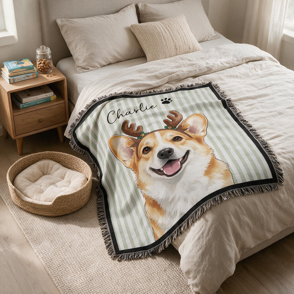 Personalized Christmas Smiling Corgi Reindeer Striped Woven Blanket, Custom Pet Portrait Gift
