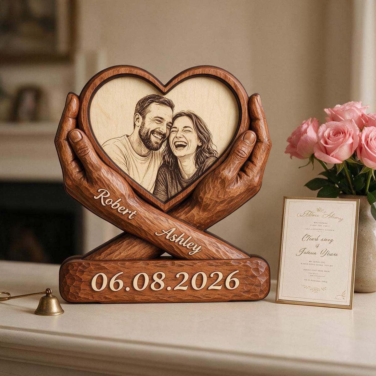 Custom Couple Photo Sketch Style Forever Love - Personalized 2-Layered Wooden Plaque - Anniversary Gift For Couple, For Him, For Her