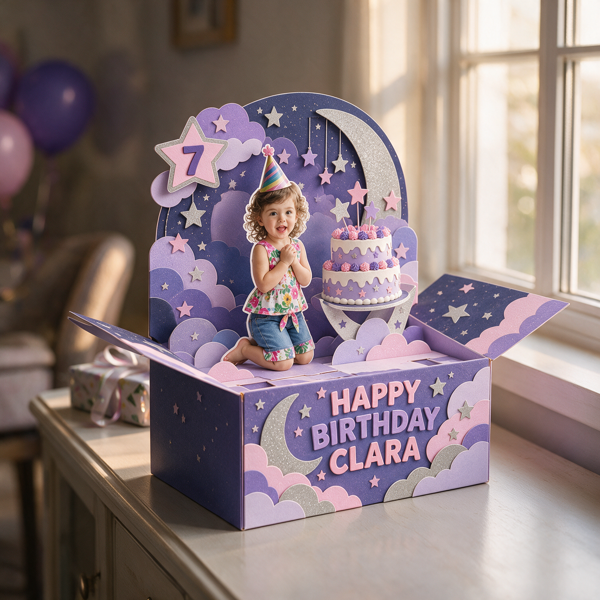 Personalized Moon and Stars Pop-Up Box Card - Birthday Cake with Custom Photo, Name and Age