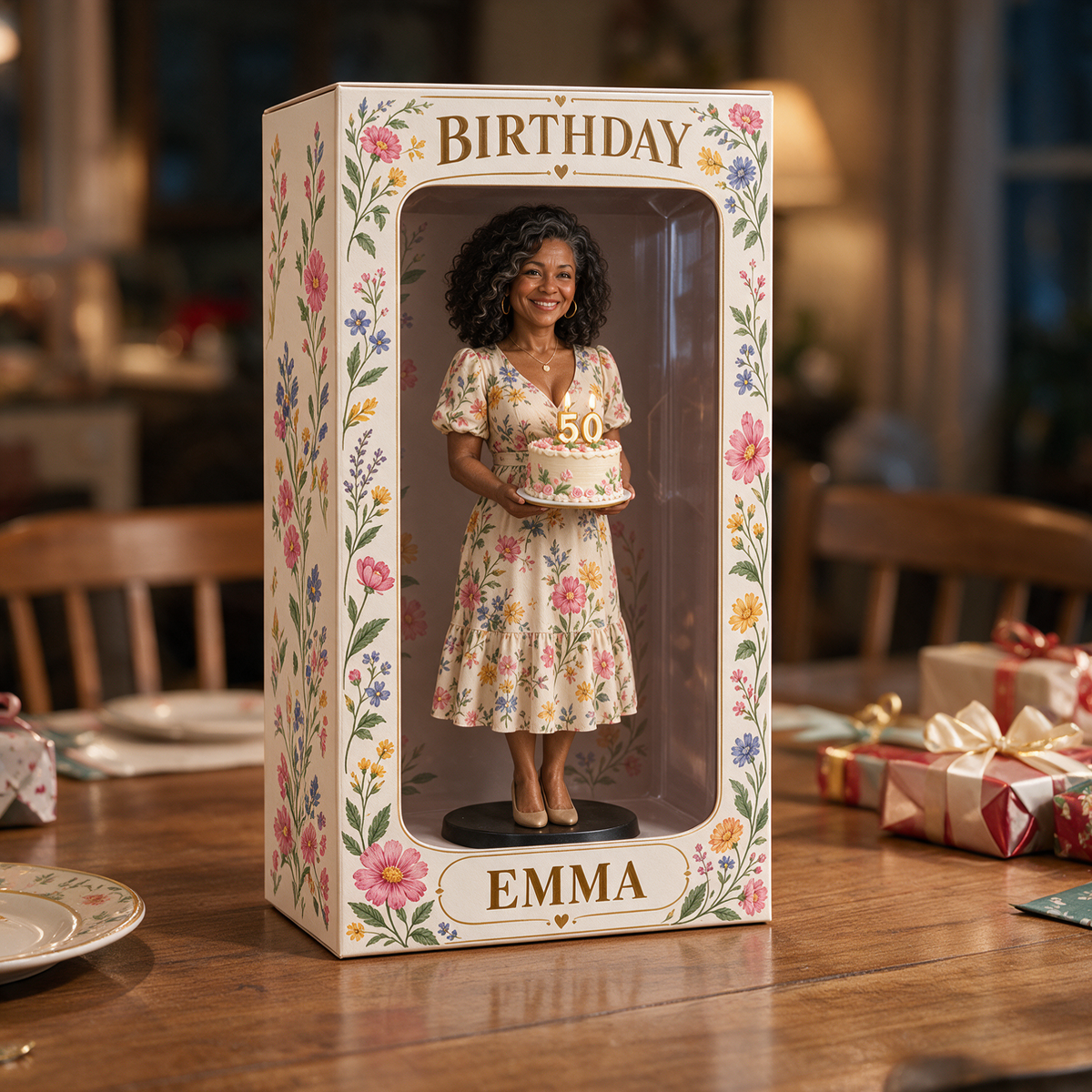 Personalized Custom Photo Wildflower Figurine Display Box - 50th Birthday Gift for Women