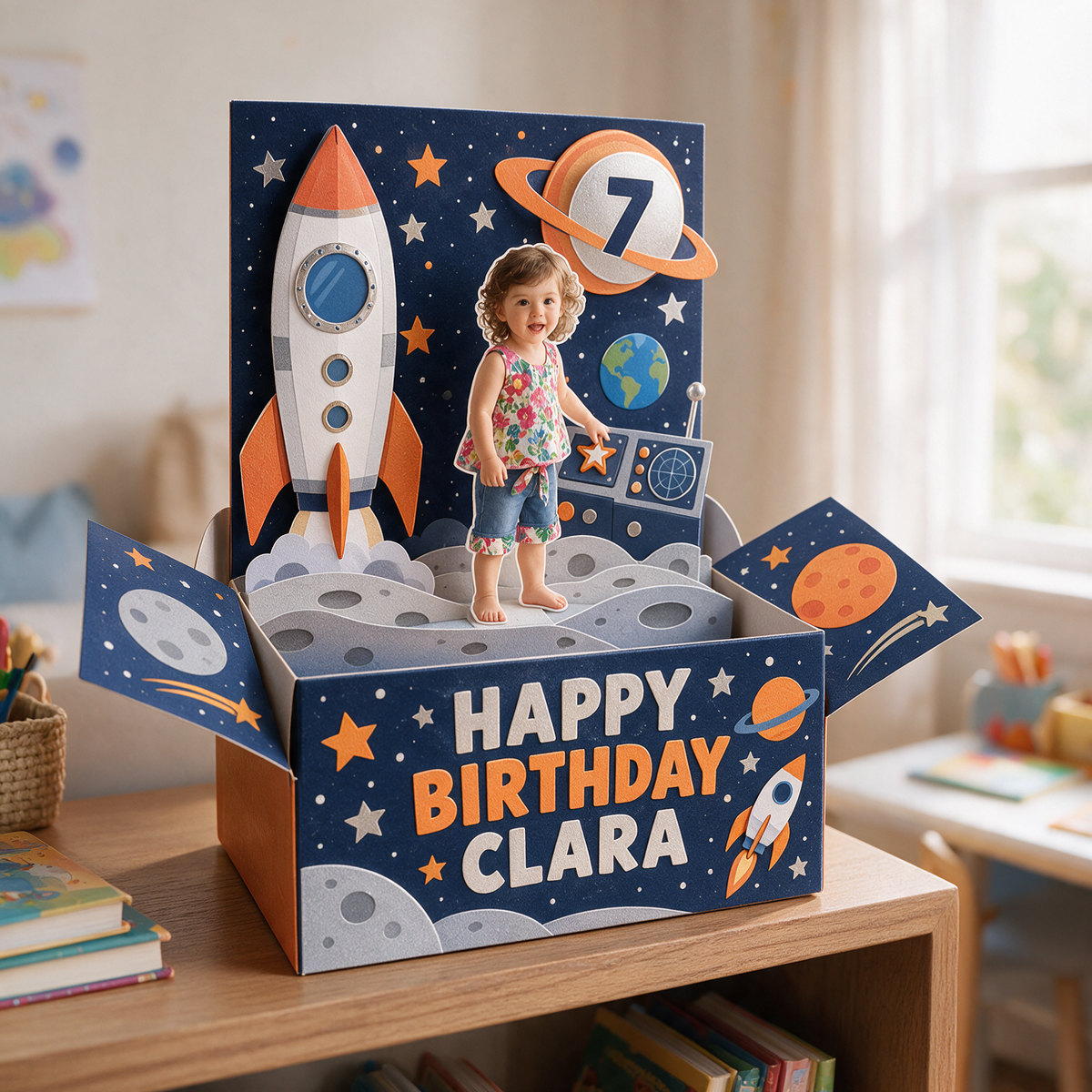 Personalized Space Rocket Pop-Up Box Card - Birthday Gift with Custom Photo, Name and Age