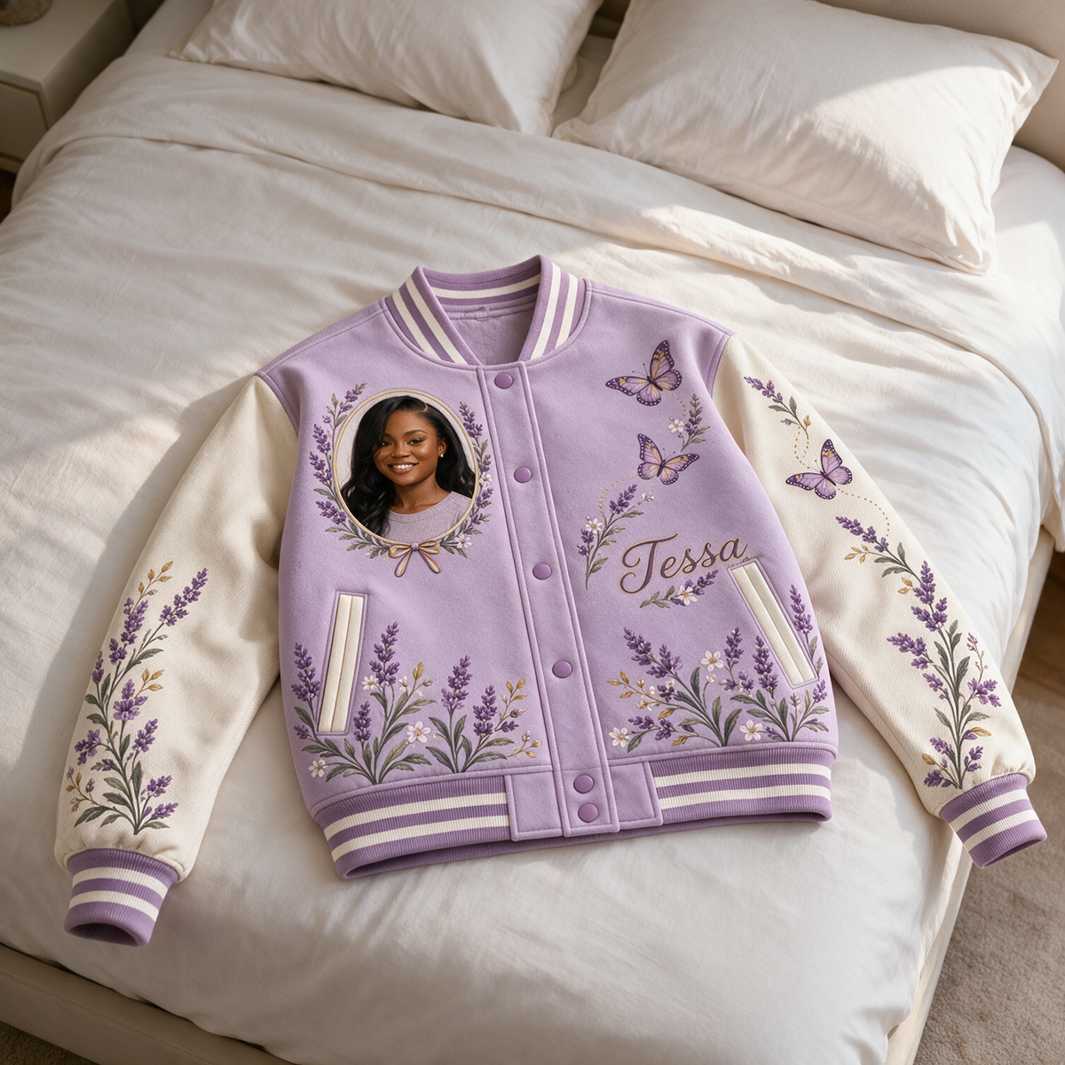 Personalized Butterfly Varsity Jacket - Women's Lavender Portrait Design