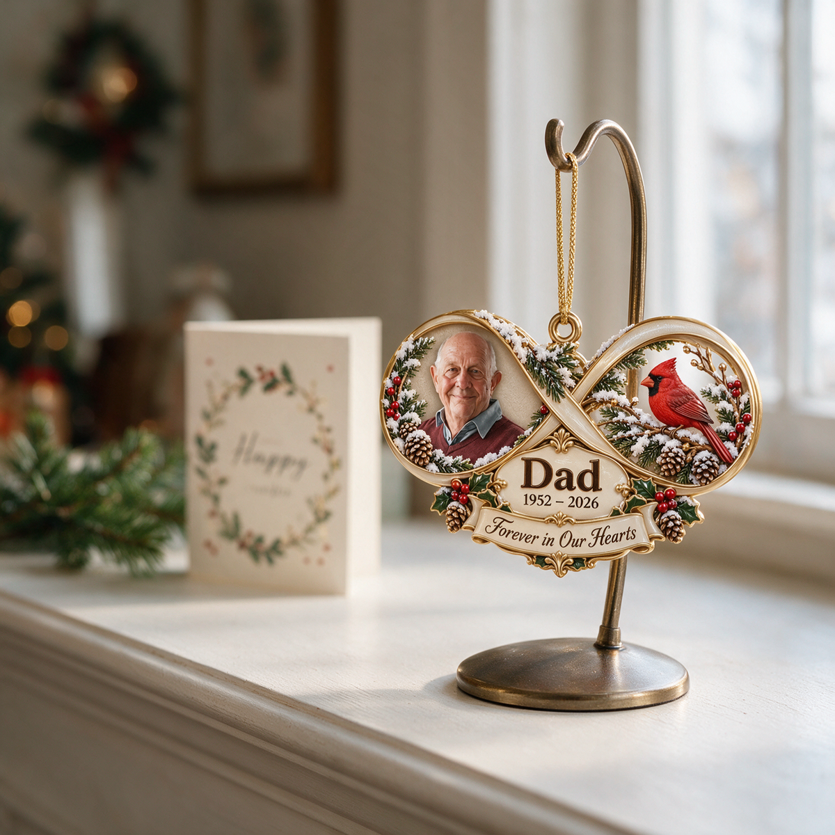 Personalized Custom Photo Dad Memorial Infinity Cardinal 3D Ornament - Christmas Remembrance Keepsake