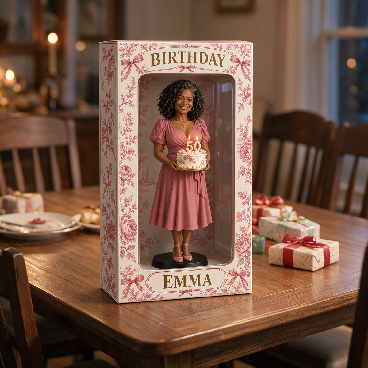 Personalized Custom Photo Pink Toile Figurine Display Box - 50th Birthday Gift for Women