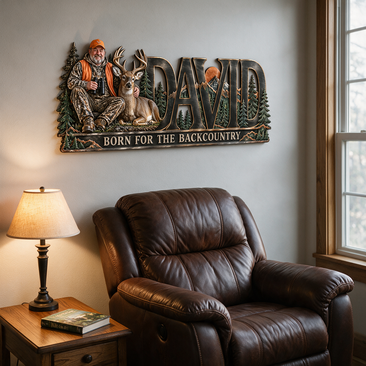 Personalized Hunting Metal Sign - Custom Photo and Name Wall Art with Forest and Mountain Design