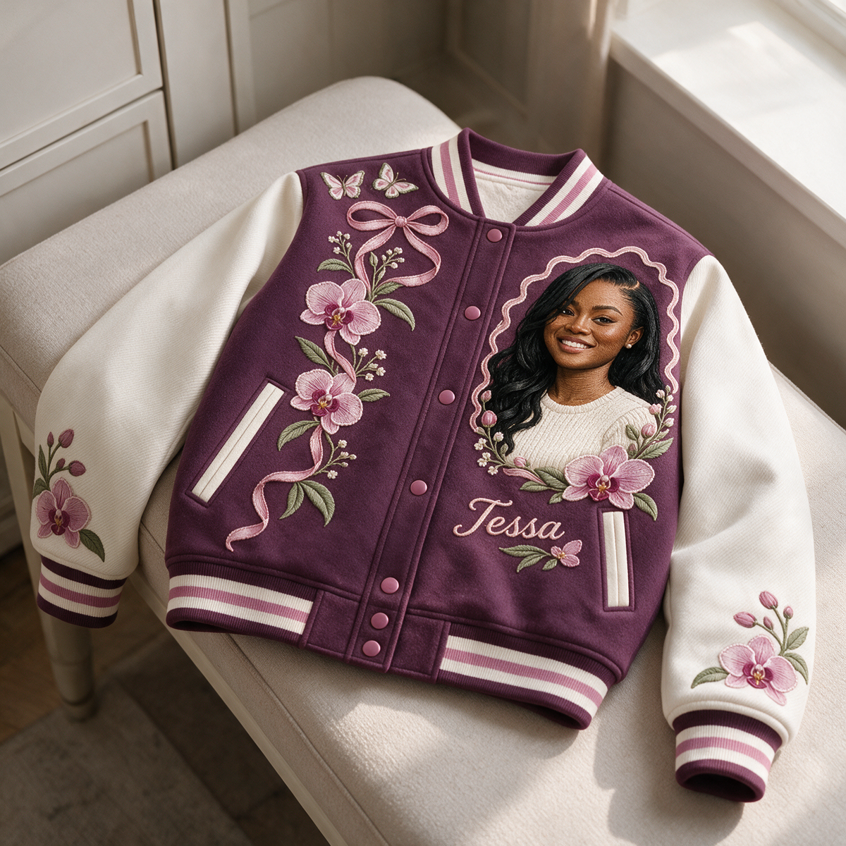 Personalized Orchid Butterfly Varsity Jacket - Women's Birthday Gift with Portrait and Name