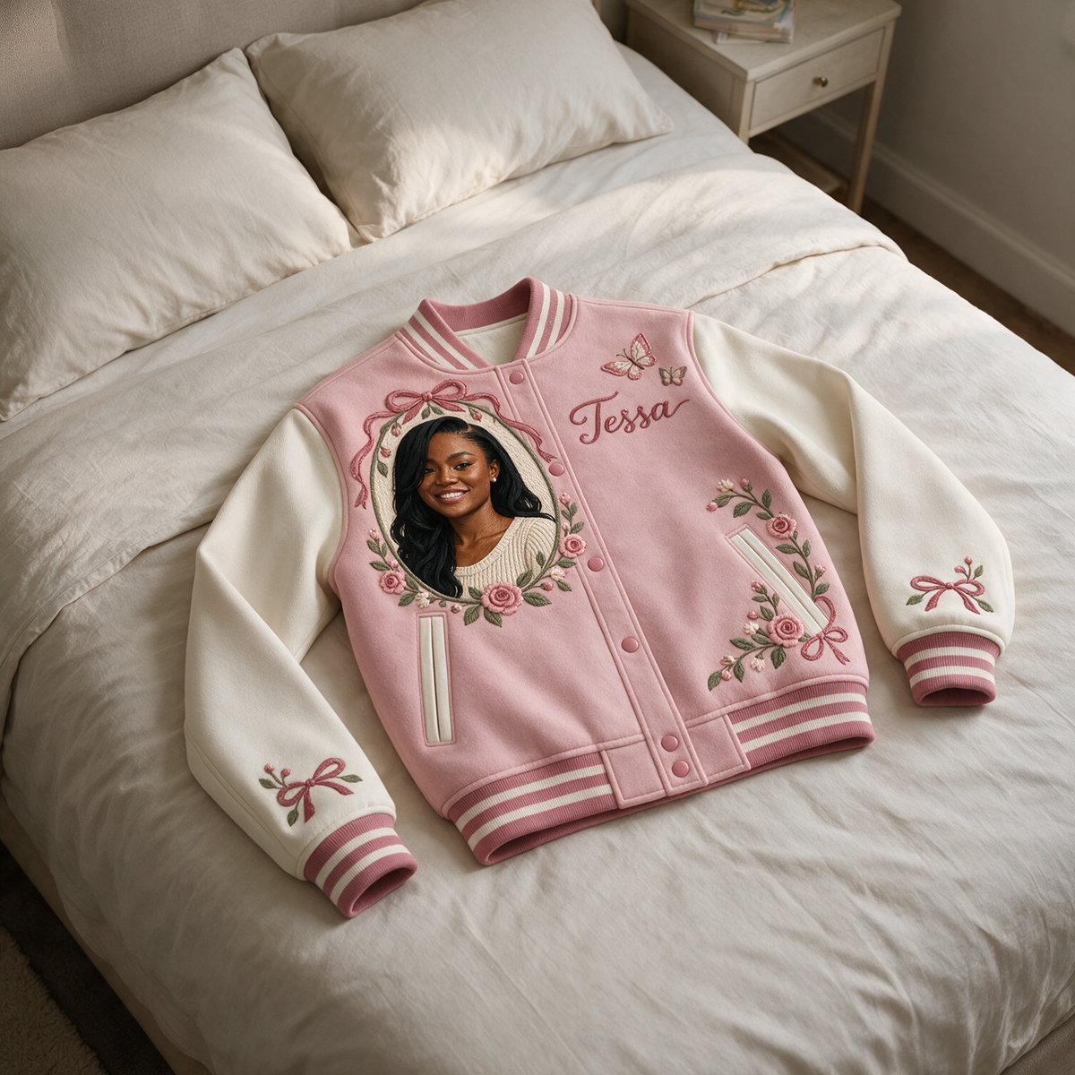 Personalized Rose Bow Varsity Jacket - Women's Embroidered Portrait and Name