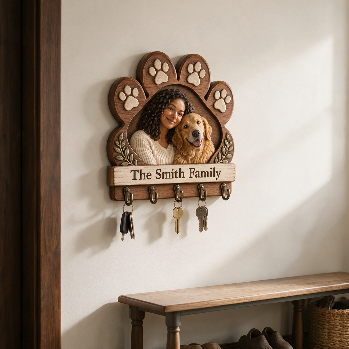 Personalized Dog Key Rack - Paw Shape with 5 Hooks